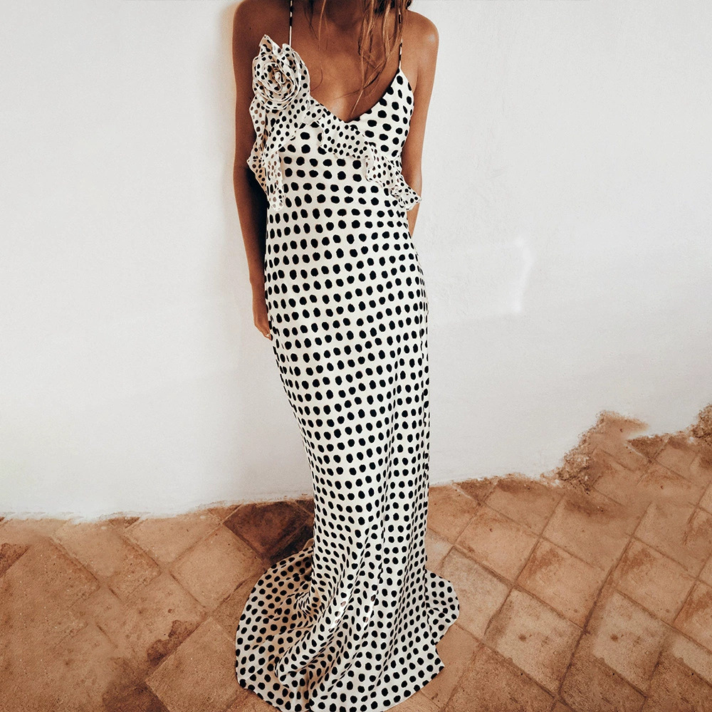 ZARA Sexy Satin Polka Dot Spaghetti Strap Backless Long Bodycon Dress